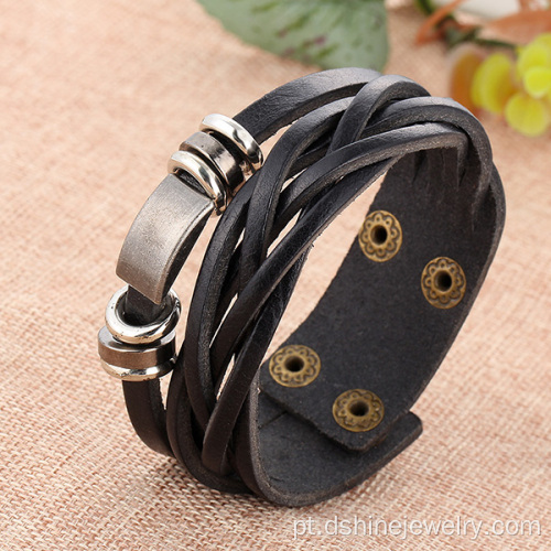 Bracelete de couro artesanais Wrap para homens com Metal encantos